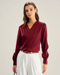 Wine Red Satin V Neck Shirt