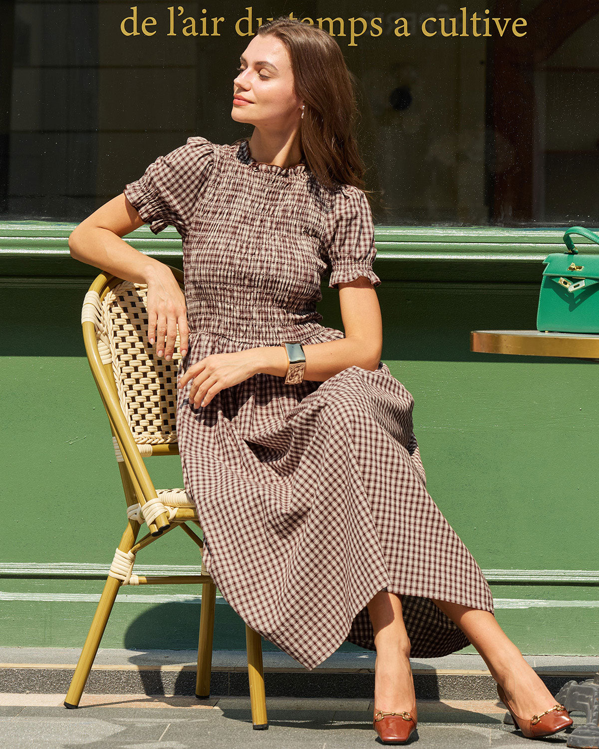 coffee brown midi dress Rihoas High Neck Puff Short Sleeve Gingham Plaid Cotton Smocked A Line Dress, / S Color:US0 Brown Sleeveless Lace Maternity This ruched dress applies SCHL006196_G_S