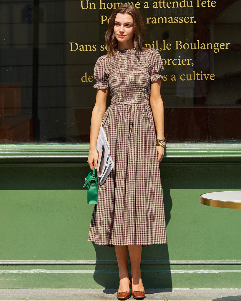 Coffee Plaid Shirred Puffed Sleeve Midi Dress