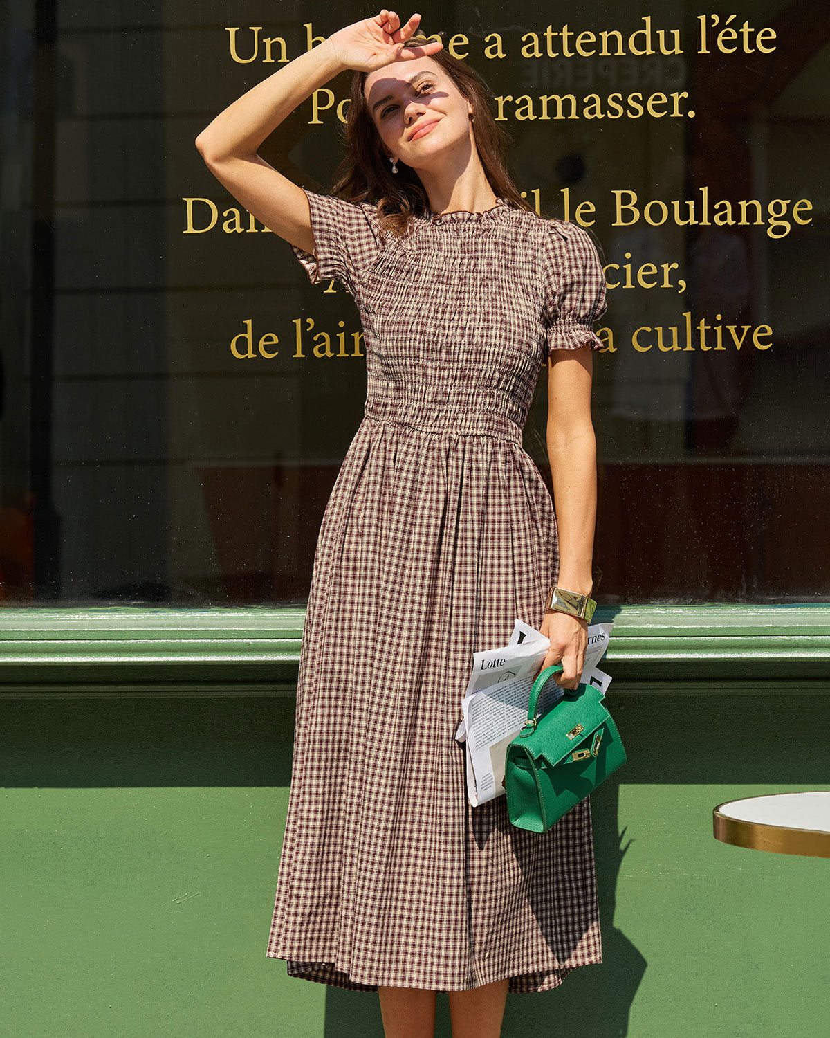 Coffee Plaid Shirred Puffed Sleeve Midi Dress