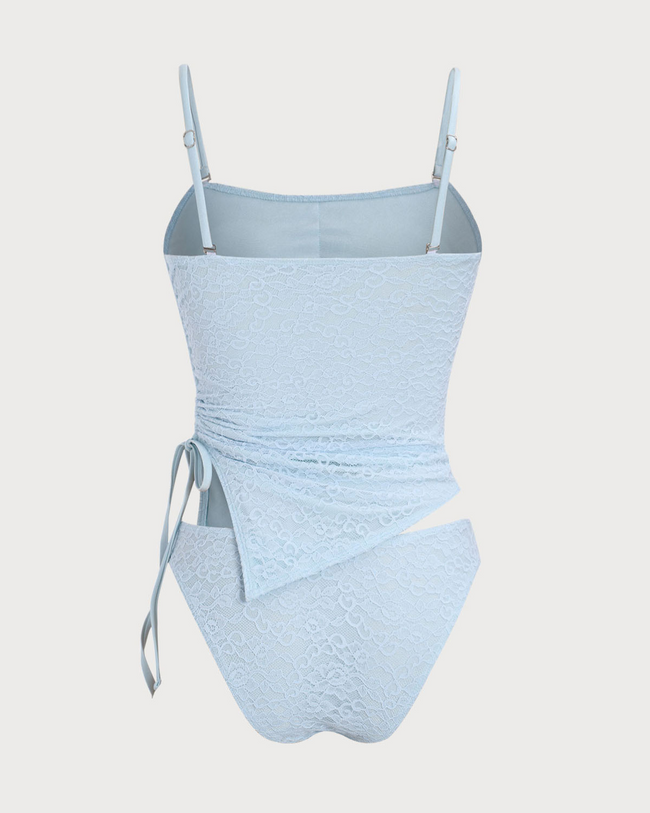 Blue Ruched Lace Tankini Swimsuit