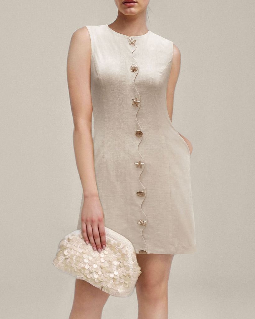 Yellow Round Neck Button Sleeveless Mini Dress