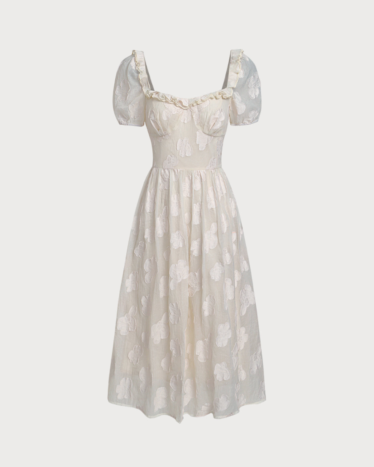 Rihoas Romantic White Bridal Shower Dress | Puff Sleeve Jacquard Midi For The Modern Bride, Beige / M Rihoas Romantic White Bridal Shower Dress | Puff Sleeve Jacquard Midi For The Modern Bride, Beige / M