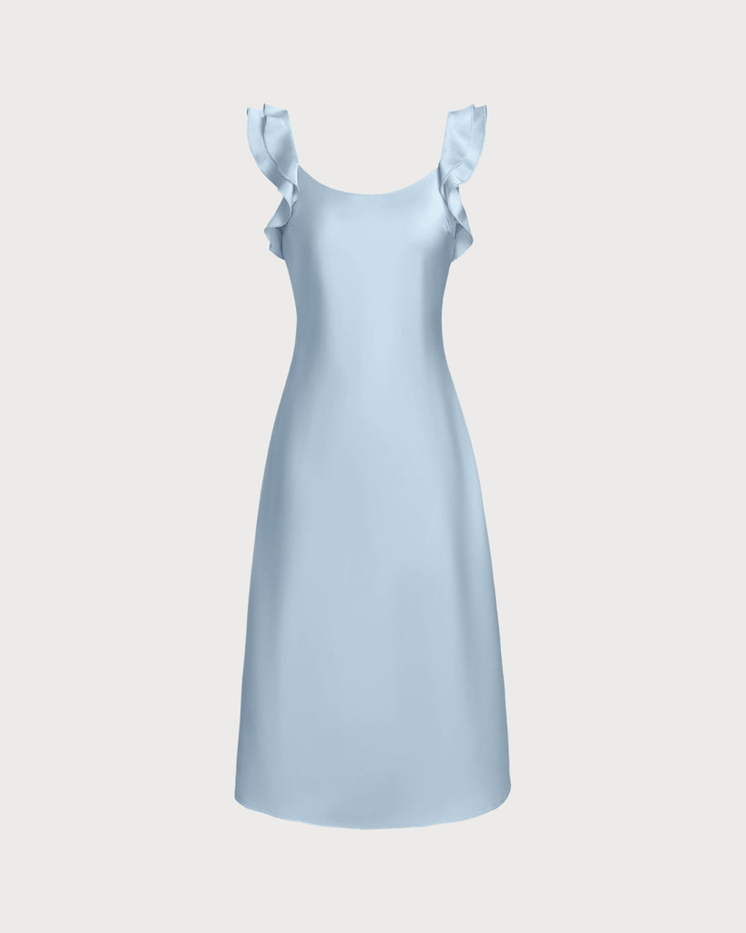 Blue Square Neck Ruffle Satin Midi Dress