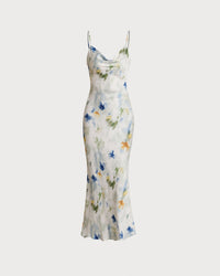 Blue Floral Mermaid Slip Midi Dress