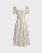 Beige Square Neck Puffed Sleeve Midi Dress