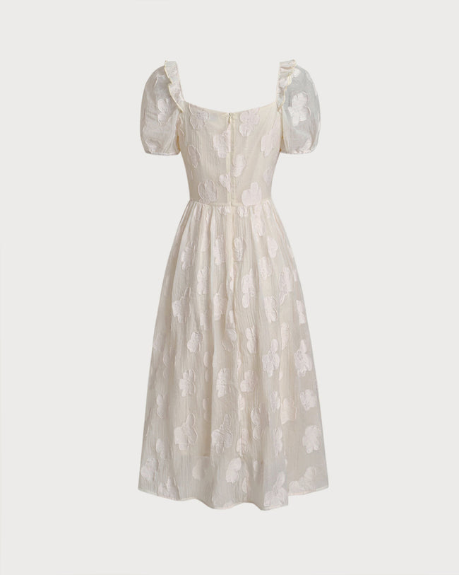 Beige Square Neck Puffed Sleeve Midi Dress