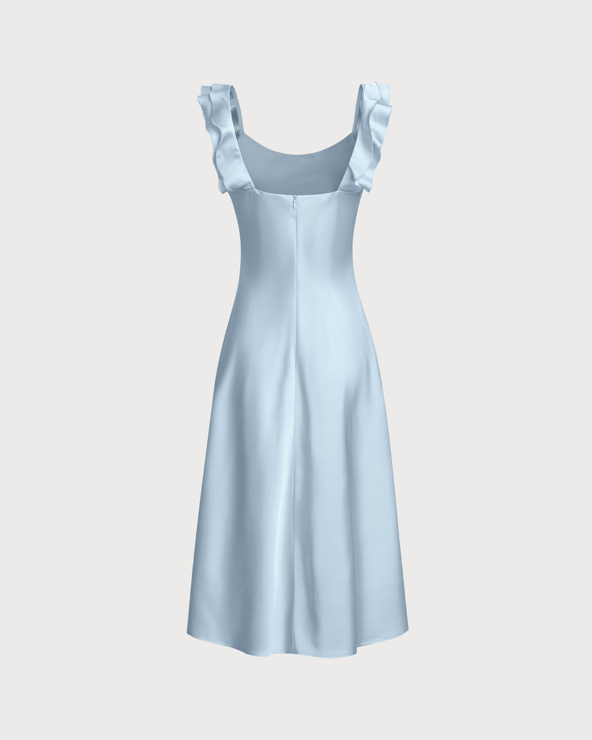 Blue Square Neck Ruffle Satin Midi Dress