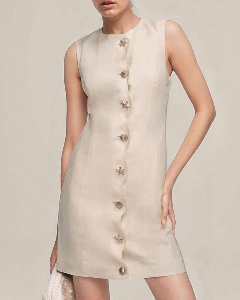 Yellow Round Neck Button Sleeveless Mini Dress