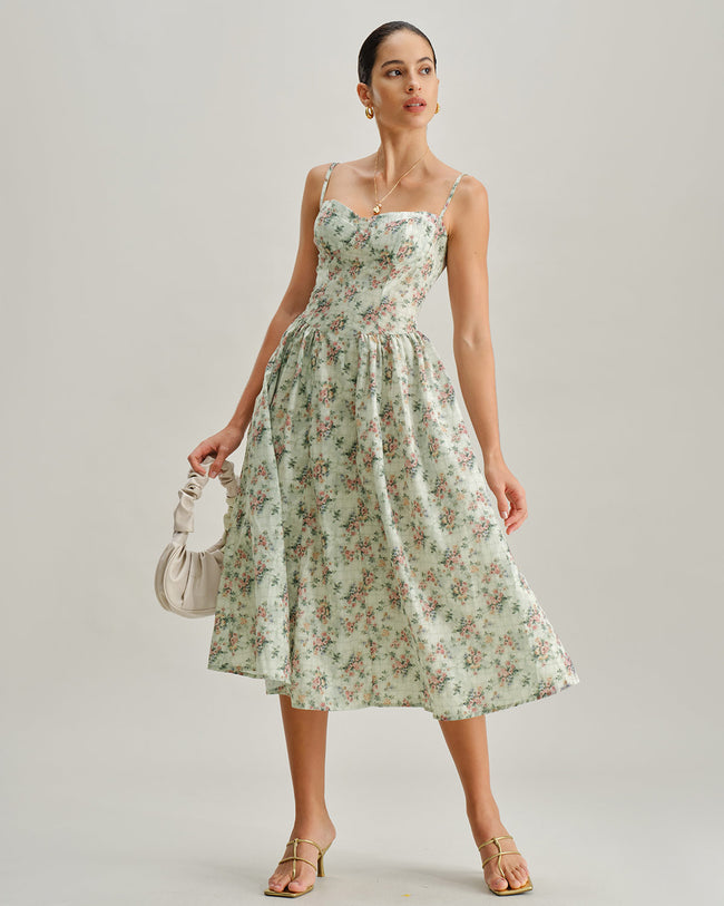 Green Floral Sweetheart Neck Pleated Slip Midi Dress