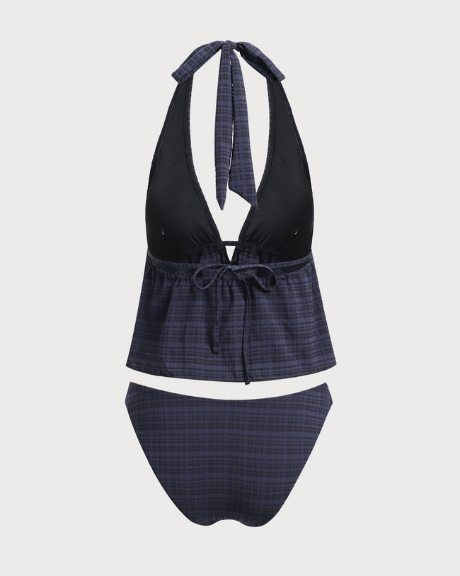 Black Deep V Neck Plaid Tankini Swimsuit