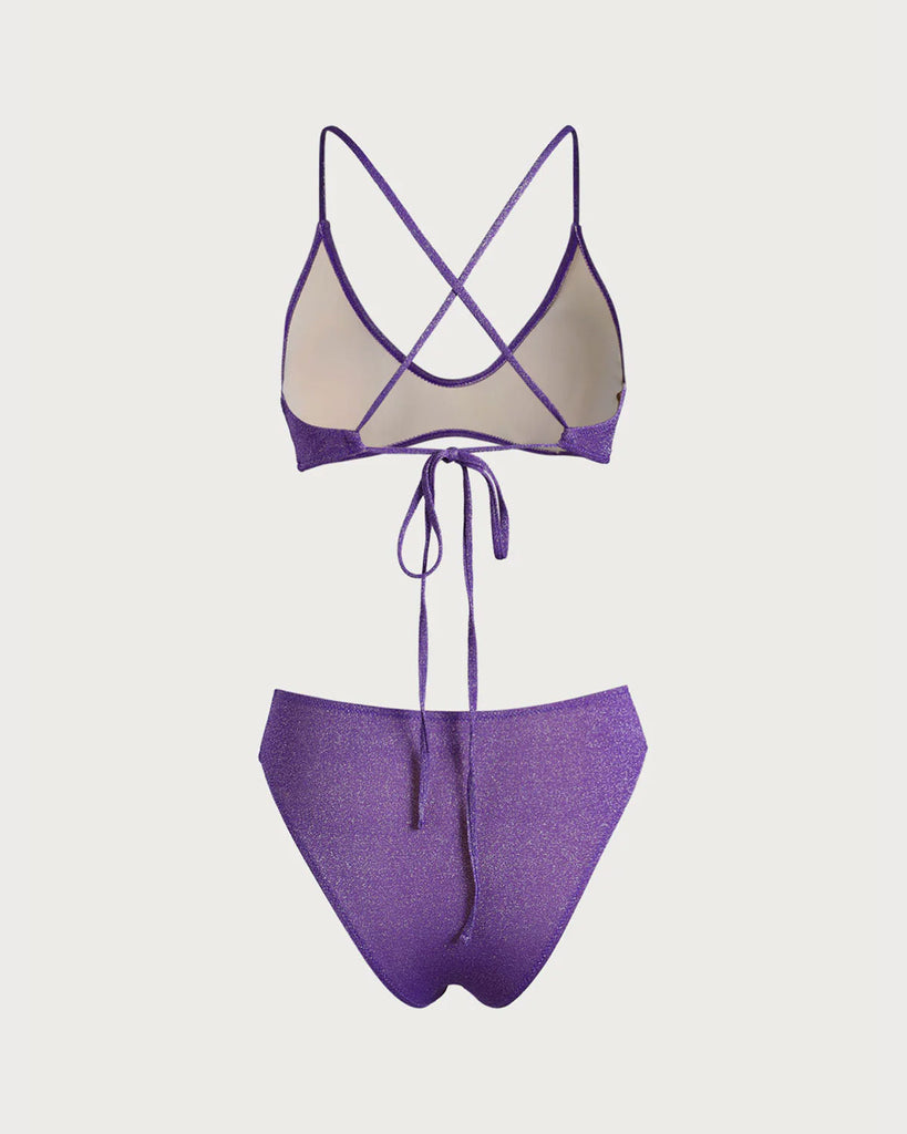 Purple Cross Back Lurex Bikini Set