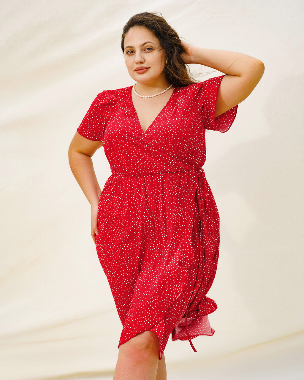 Plus Size Red V Neck Polka Dot  Midi Dress