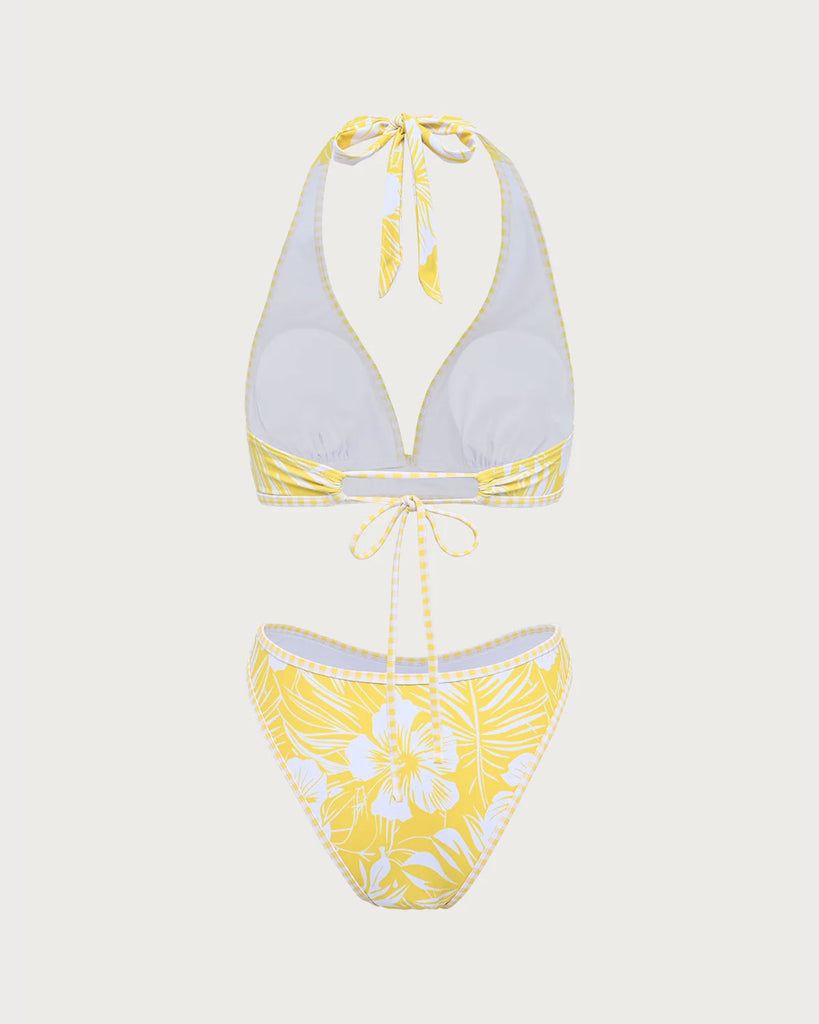 Yellow Knit Tropical Print Bikini Set