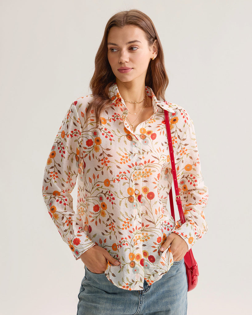 Orange Floral Pocket Loose Shirt