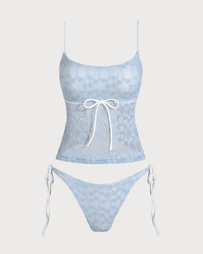 Blue Lace Contrast Tankini Swimsuit