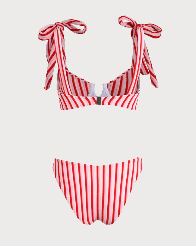 Pink Striped Tie Strap Bikini Set