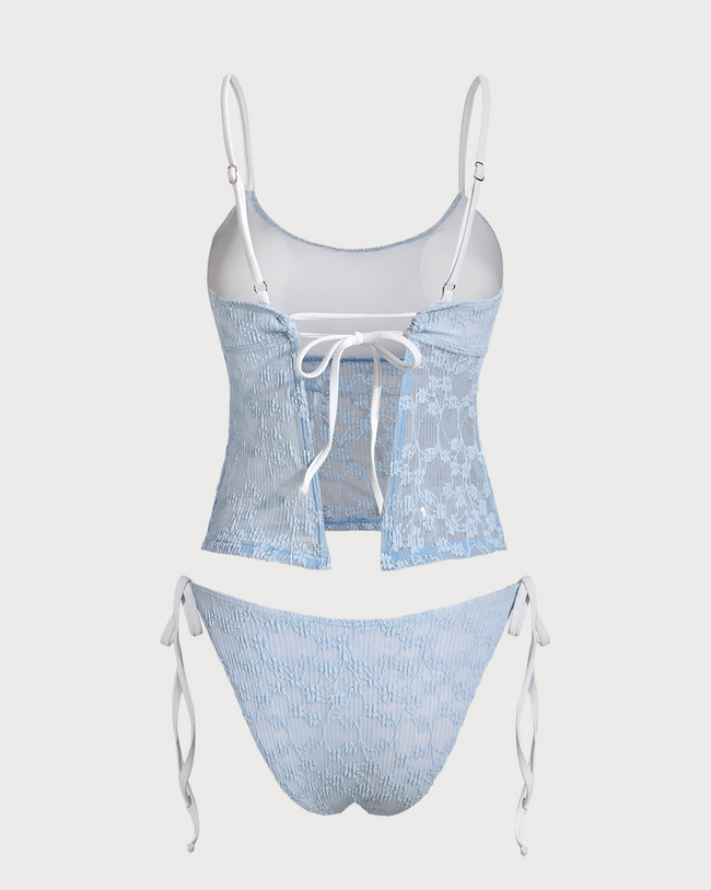 Blue Lace Contrast Tankini Swimsuit
