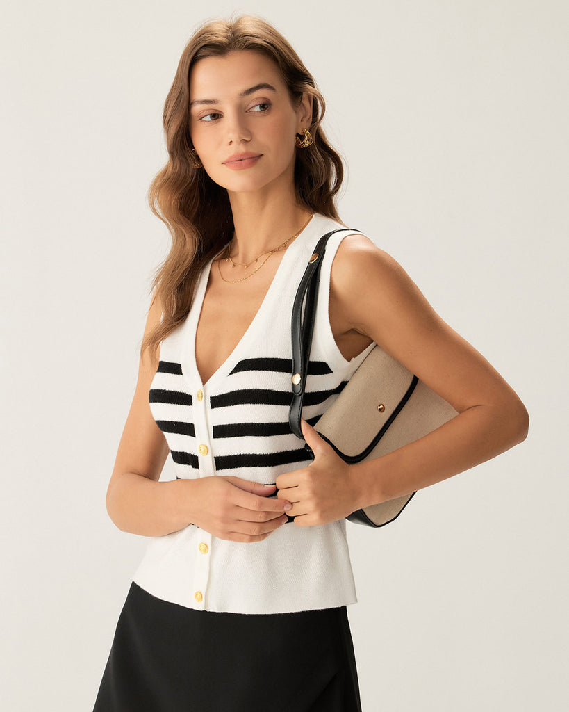 White Striped Button Knit Tank Top