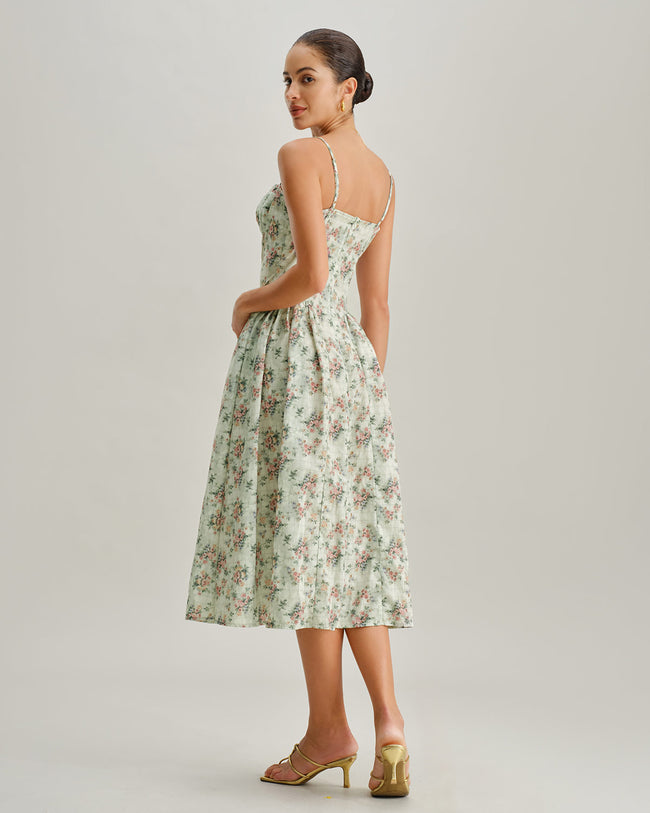 Green Floral Sweetheart Neck Pleated Slip Midi Dress