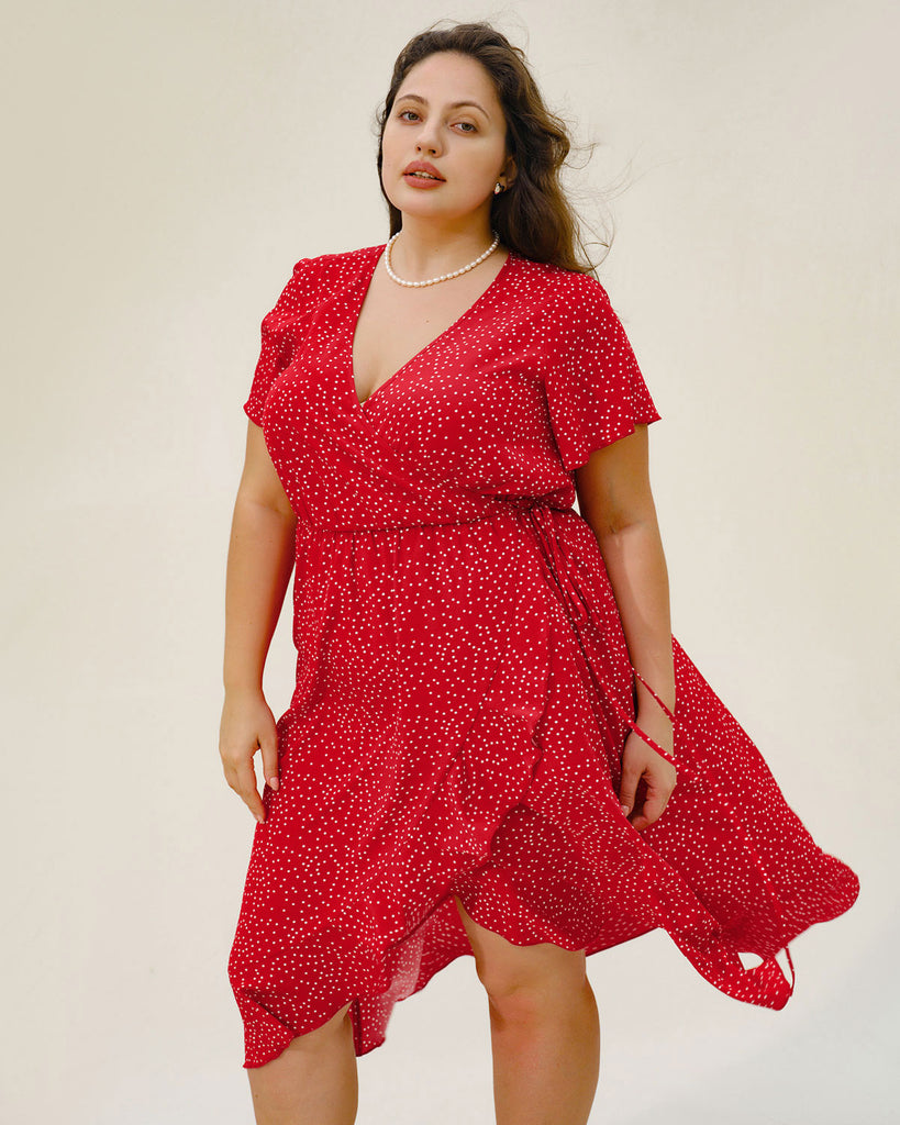 Plus Size Red V Neck Polka Dot  Midi Dress
