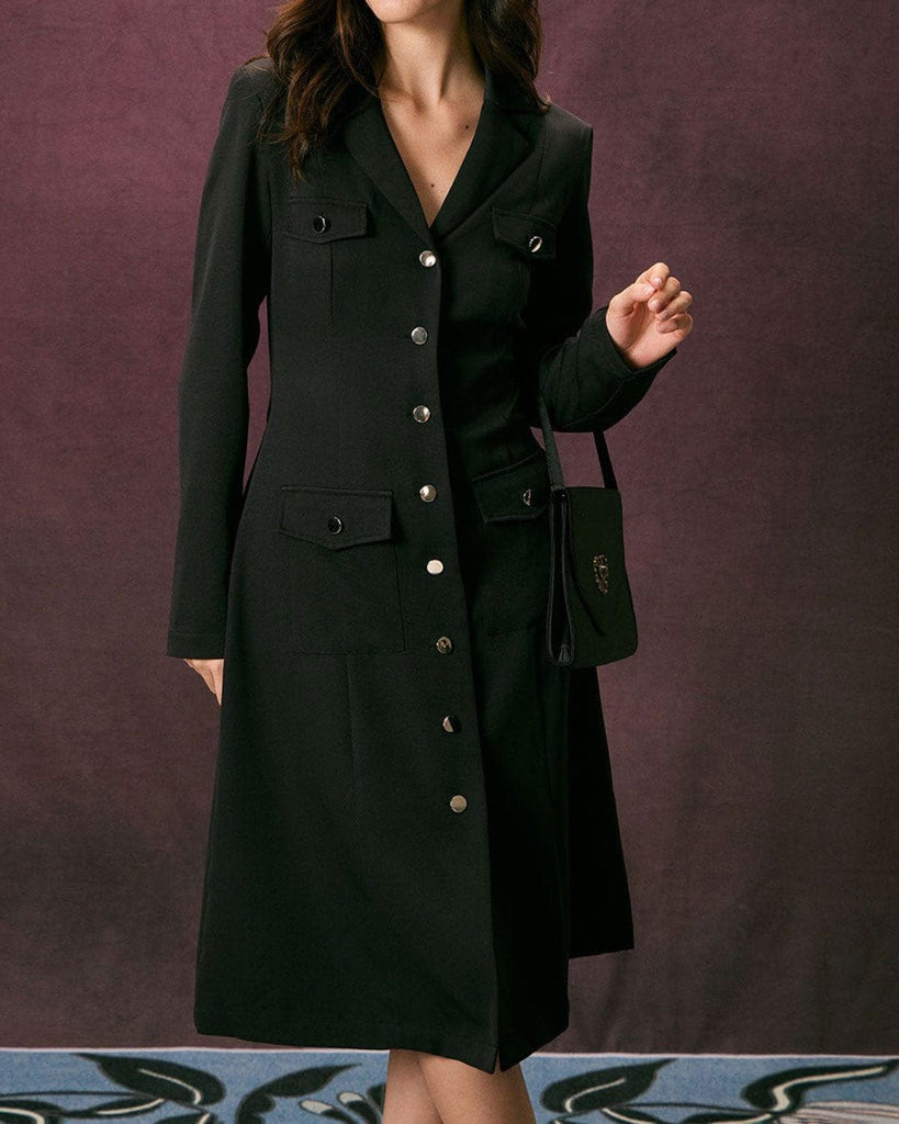 The Black Lapel Button Midi Dress Dresses - RIHOAS
