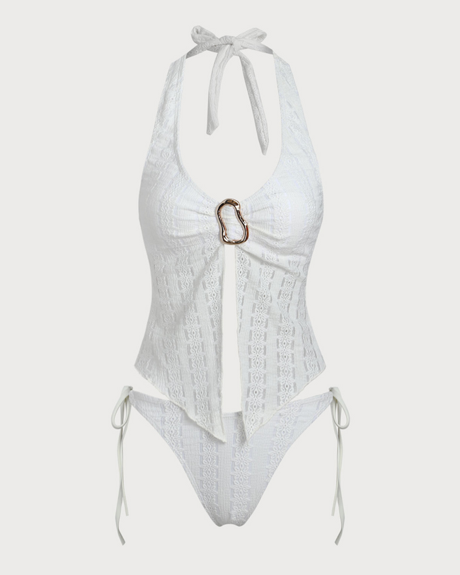 White Knitted Irregular Metal Slit Tankini Swimsuit