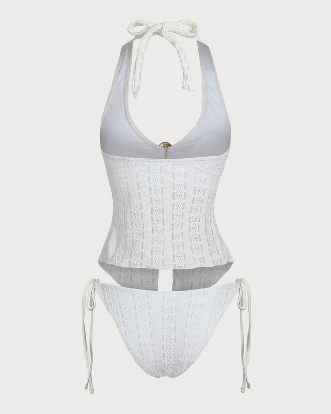 White Knitted Irregular Metal Slit Tankini Swimsuit