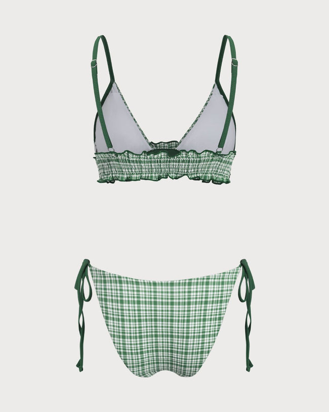 Green Contrast Plaid Wrinkled Bikini Set