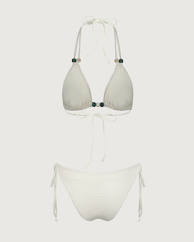 Beige Cut Out Beaded Bikini Set