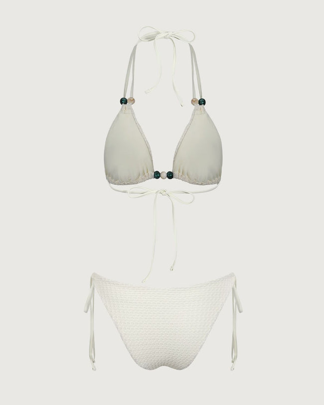 Beige Cut Out Beaded Bikini Set