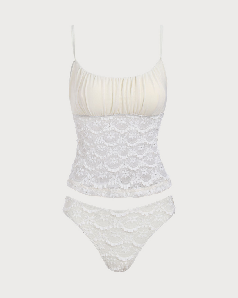 White Ruched Mesh Flower Tankini Swimsuit