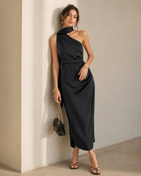 Black One Shoulder A-Line Maxi Dress