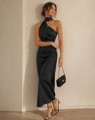 Black One Shoulder A-Line Maxi Dress