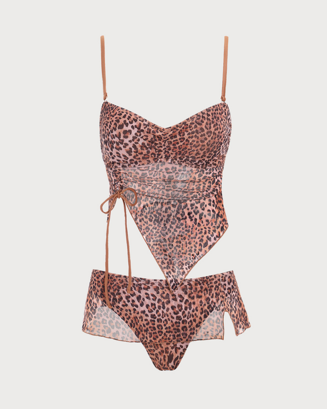 Brown Shirred Leopard Print Tankini Swimsuit