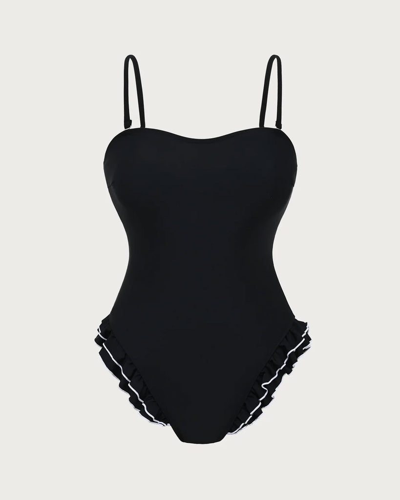 Black Knitted Contrast Ruffles Girls One-Piece Swimsuit