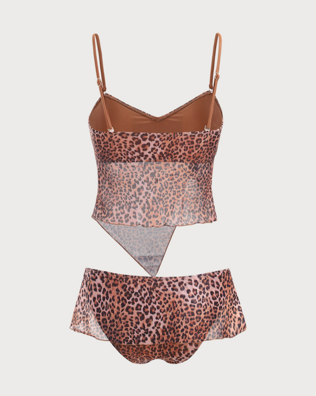Brown Shirred Leopard Print Tankini Swimsuit