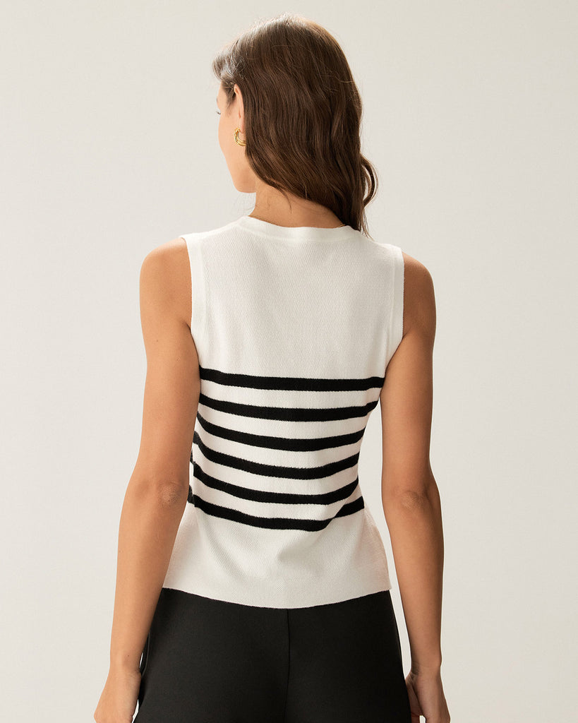 White Striped Button Knit Tank Top