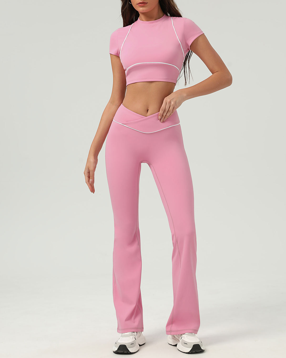 Pink Round Neck Yoga Short Sleeve Top - Light Support