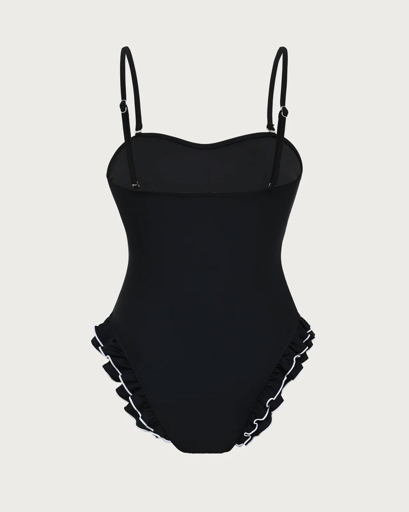 Black Knitted Contrast Ruffles Girls One-Piece Swimsuit