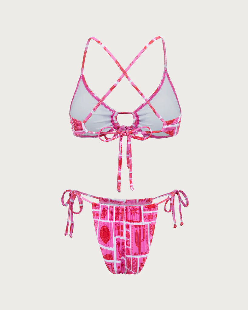 Pink Geometric Ruched Bikini Set