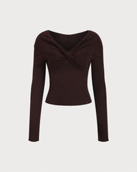 Coffee V Neck Twisted Knit Tee