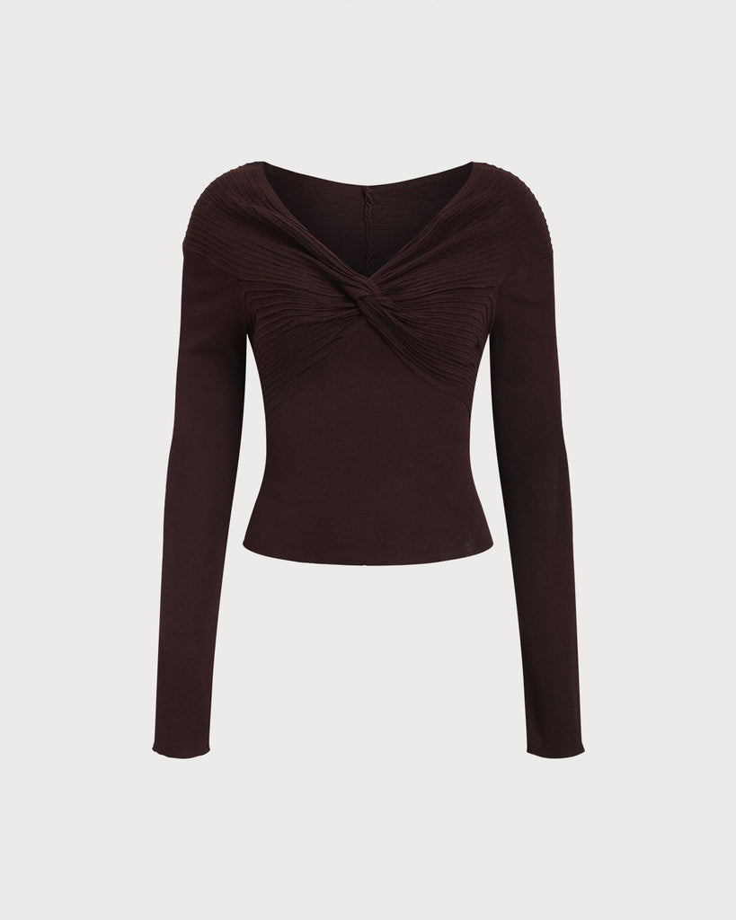 Coffee V Neck Twisted Knit Tee