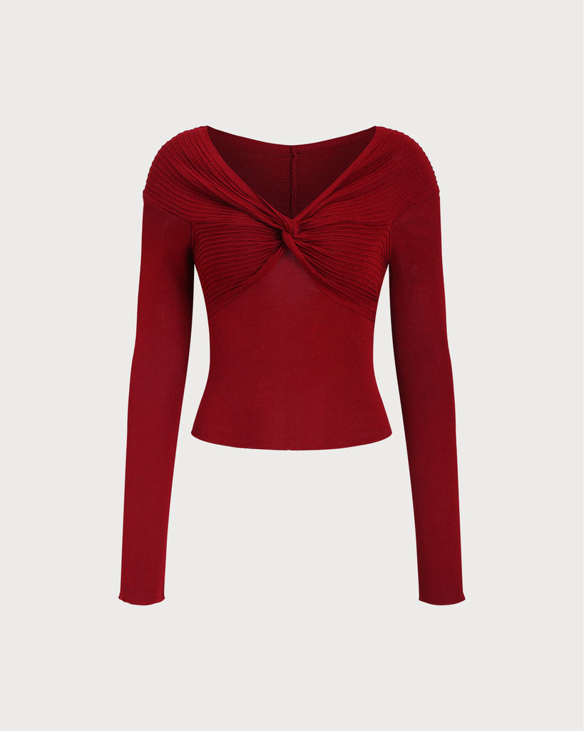 Red V Neck Twisted Knit Tee