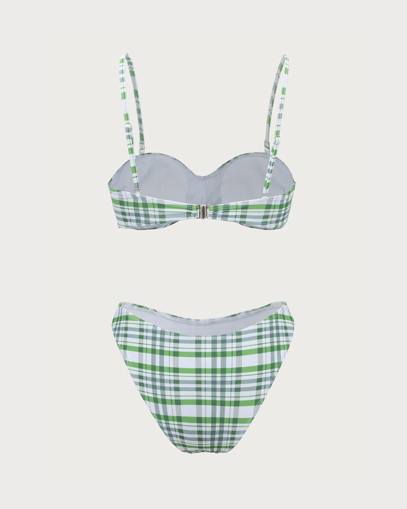 Green Plaid Pleated Bikini Set