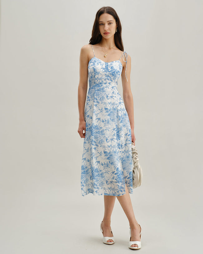 The Blue Sweetheart Neck Shirred Midi Dress