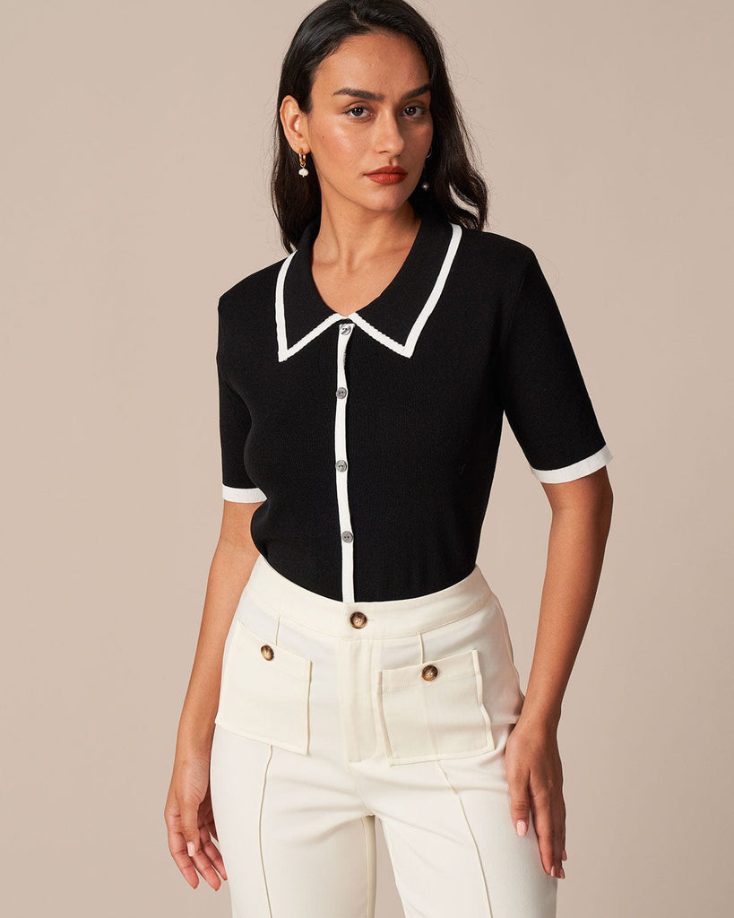 The Black Collared Contrast Knit Tee Black Tops - RIHOAS