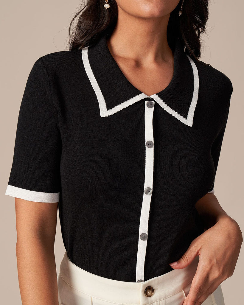 The Black Collared Contrast Knit Tee Black Tops - RIHOAS