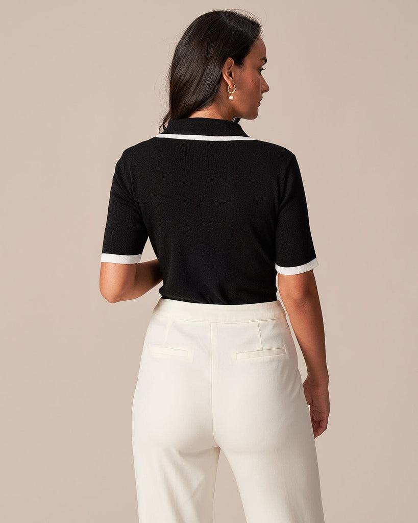 The Black Collared Contrast Knit Tee Black Tops - RIHOAS