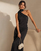 Black One Shoulder A-Line Maxi Dress